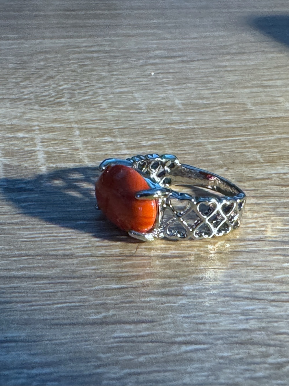 Gemstone Orange and Silver Heart Design Band Statement Ring - Women Jewelry - Picture 2 of 7